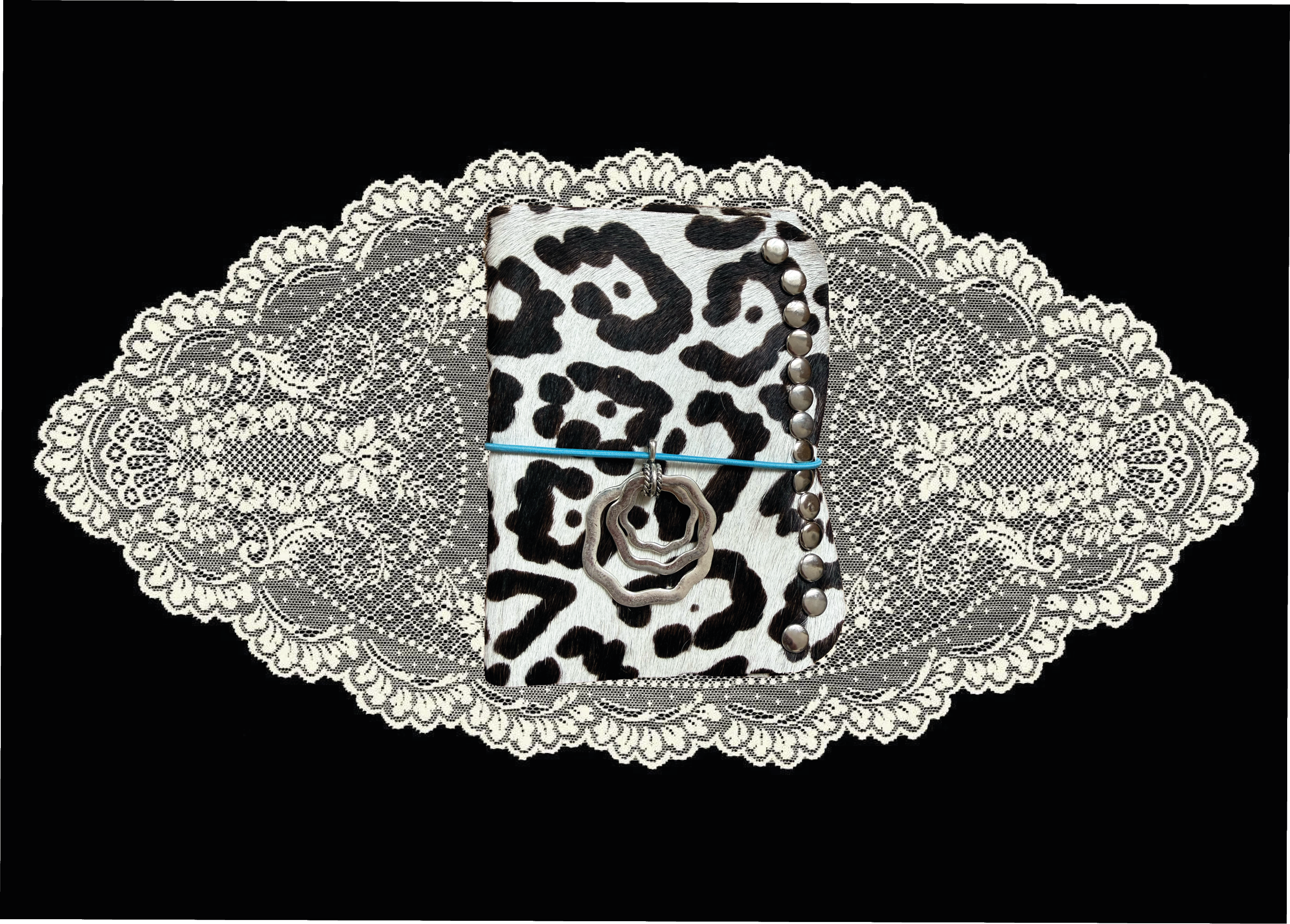 2000 Chrome Cowhide Leather with silver studs & blue thread           AUTHENTIC LEATHER) ⋆˙⟡ A6 size