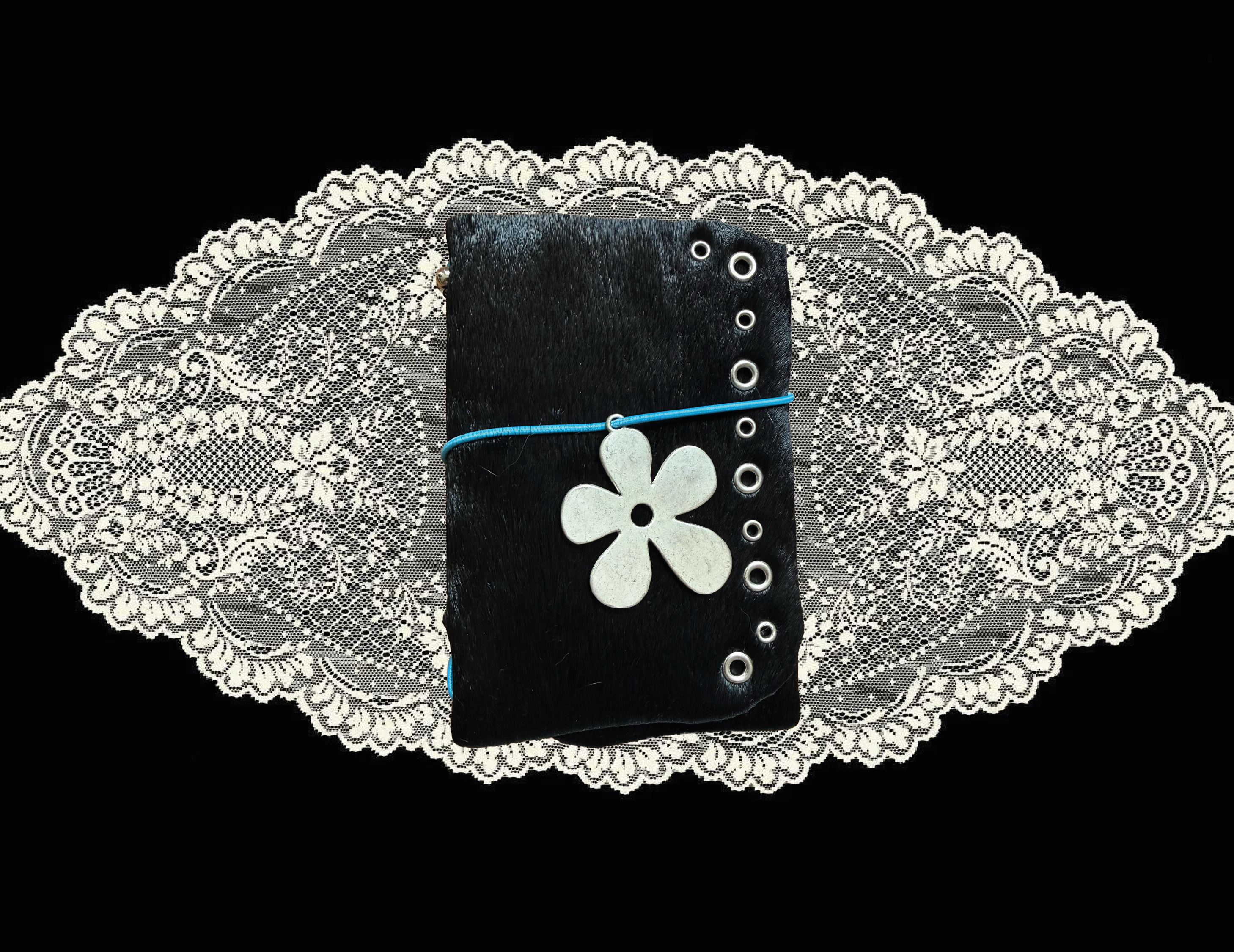 Black Cowhide Leather with silver flower & blue thread  (AUTHENTIC LEATHER) ⋆˙⟡ A6 size